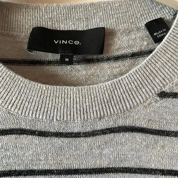 Vince Mens Stripe Crewneck Wool & Linen Sweater Medium Heather Grey Blue $225